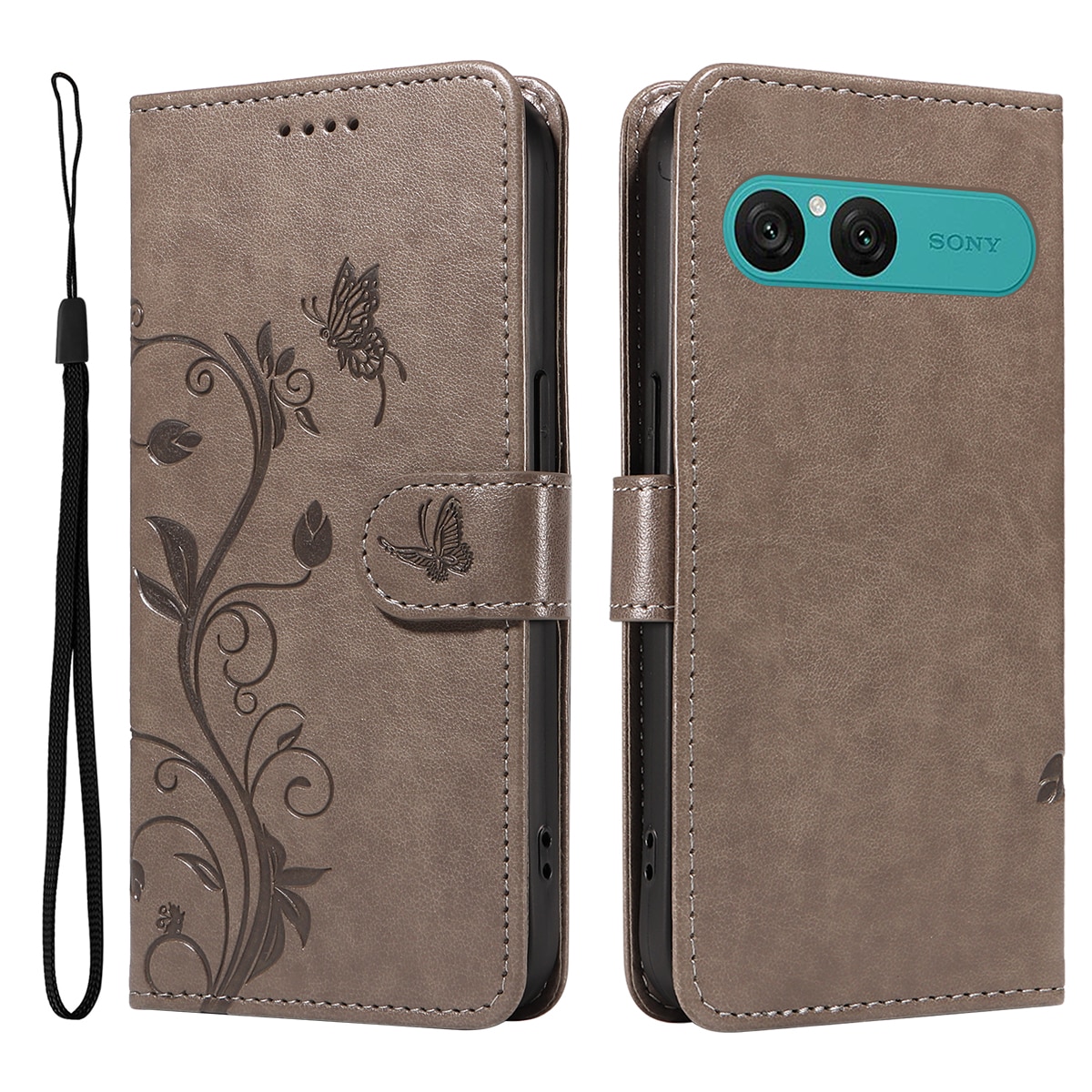 Custodia in pelle a farfalle per Sony Xperia 10 VII, Grigio