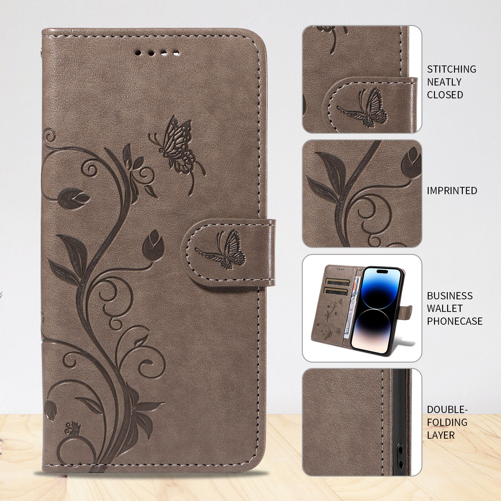 Custodia in pelle a farfalle per Sony Xperia 10 VII, Grigio