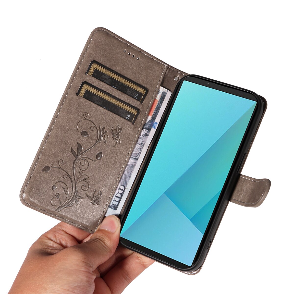 Custodia in pelle a farfalle per Sony Xperia 10 VII, Grigio