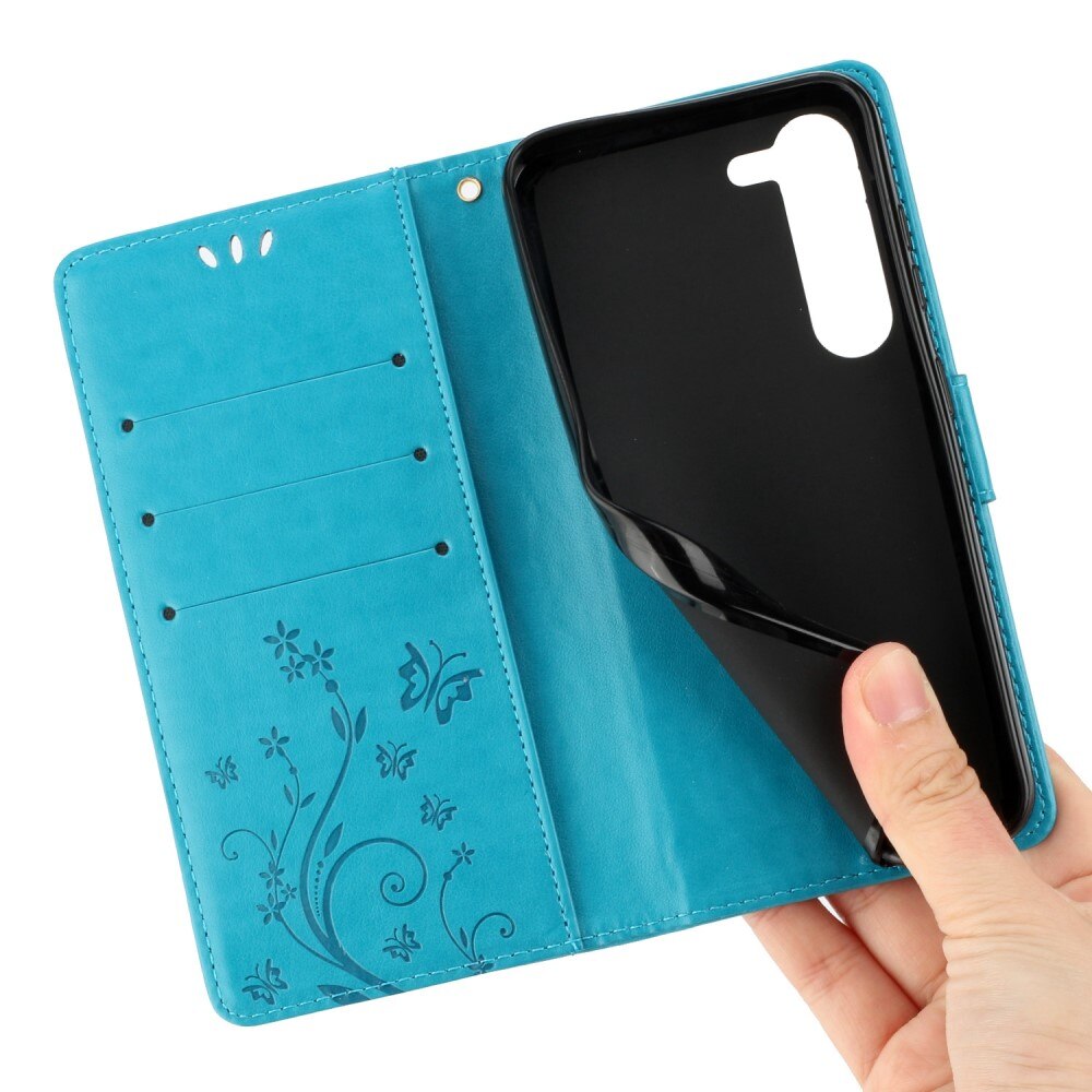 Custodia in pelle a farfalle per Samsung Galaxy S23, blu