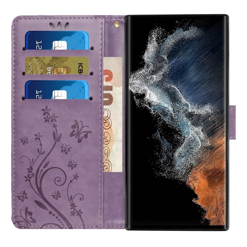Custodia in pelle a farfalle per Samsung Galaxy S23 Ultra, Viola