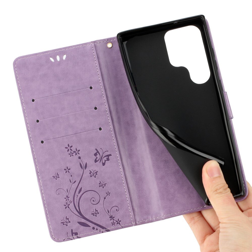 Custodia in pelle a farfalle per Samsung Galaxy S23 Ultra, viola