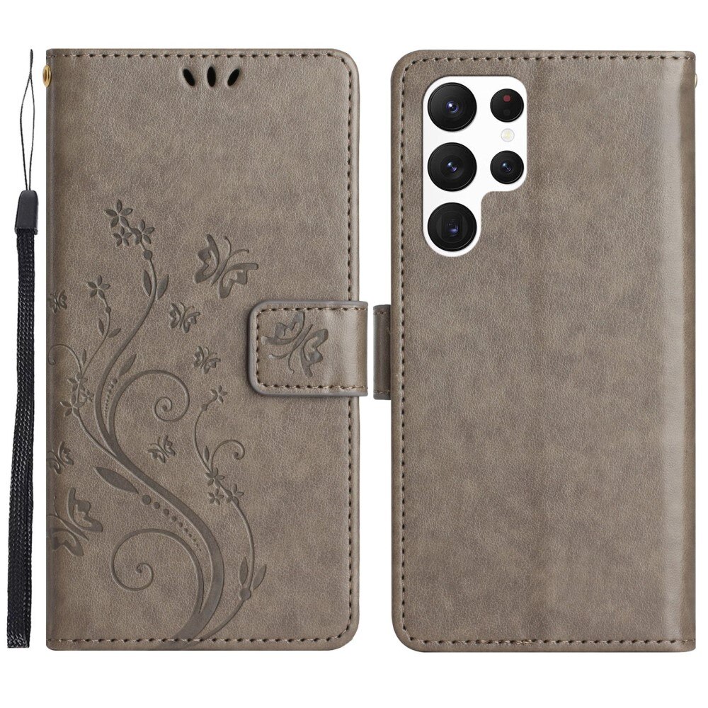 Custodia in pelle a farfalle per Samsung Galaxy S23 Ultra, Grigio