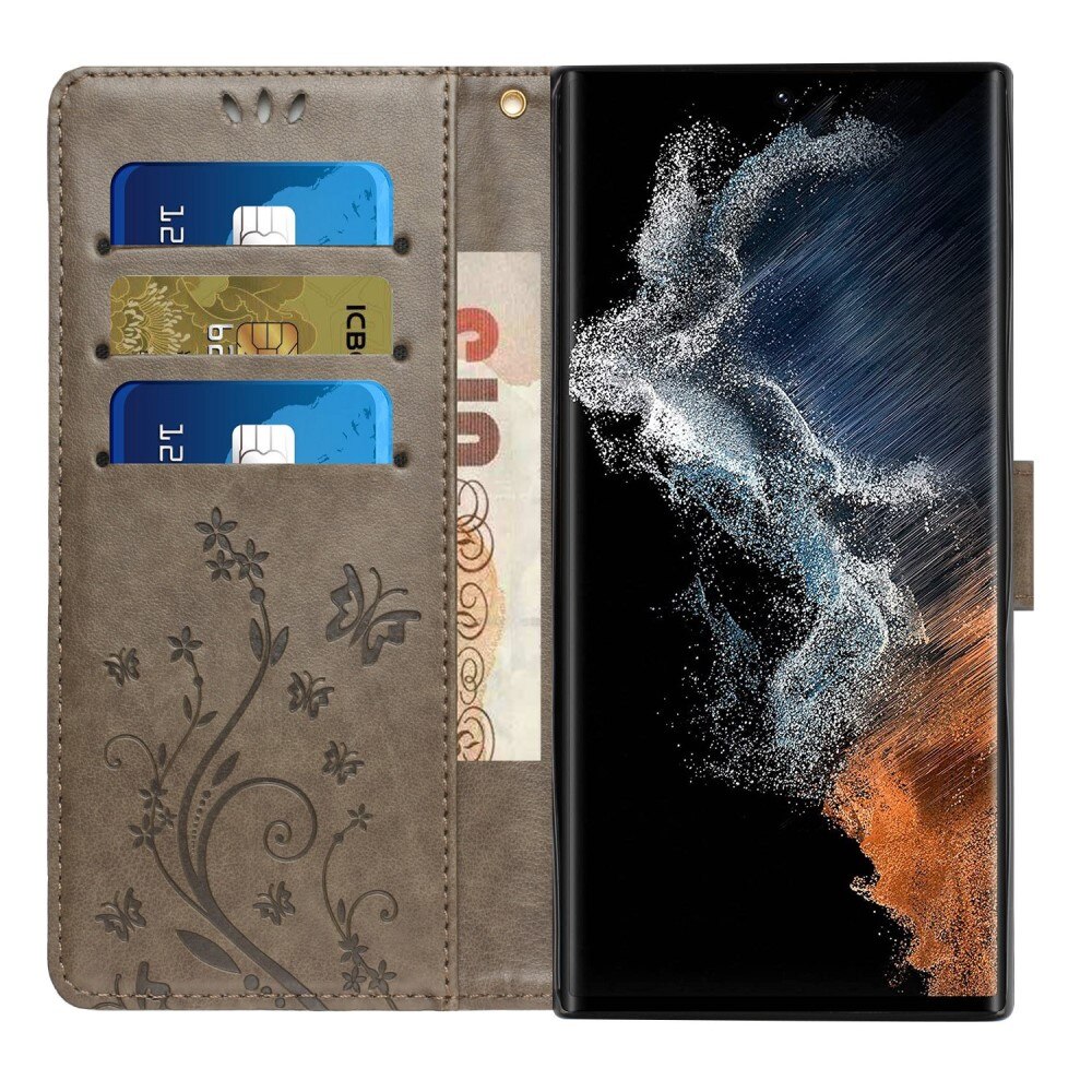 Custodia in pelle a farfalle per Samsung Galaxy S23 Ultra, Grigio