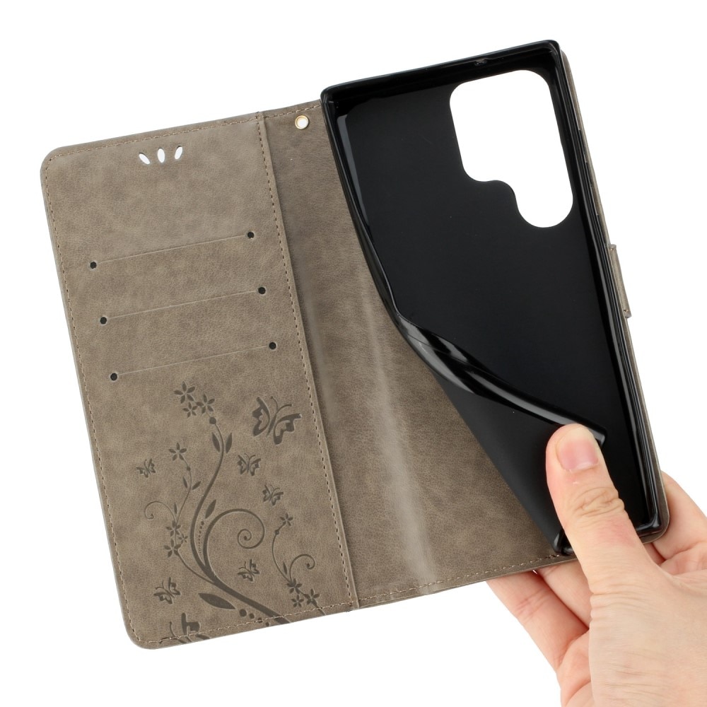Custodia in pelle a farfalle per Samsung Galaxy S23 Ultra, Grigio