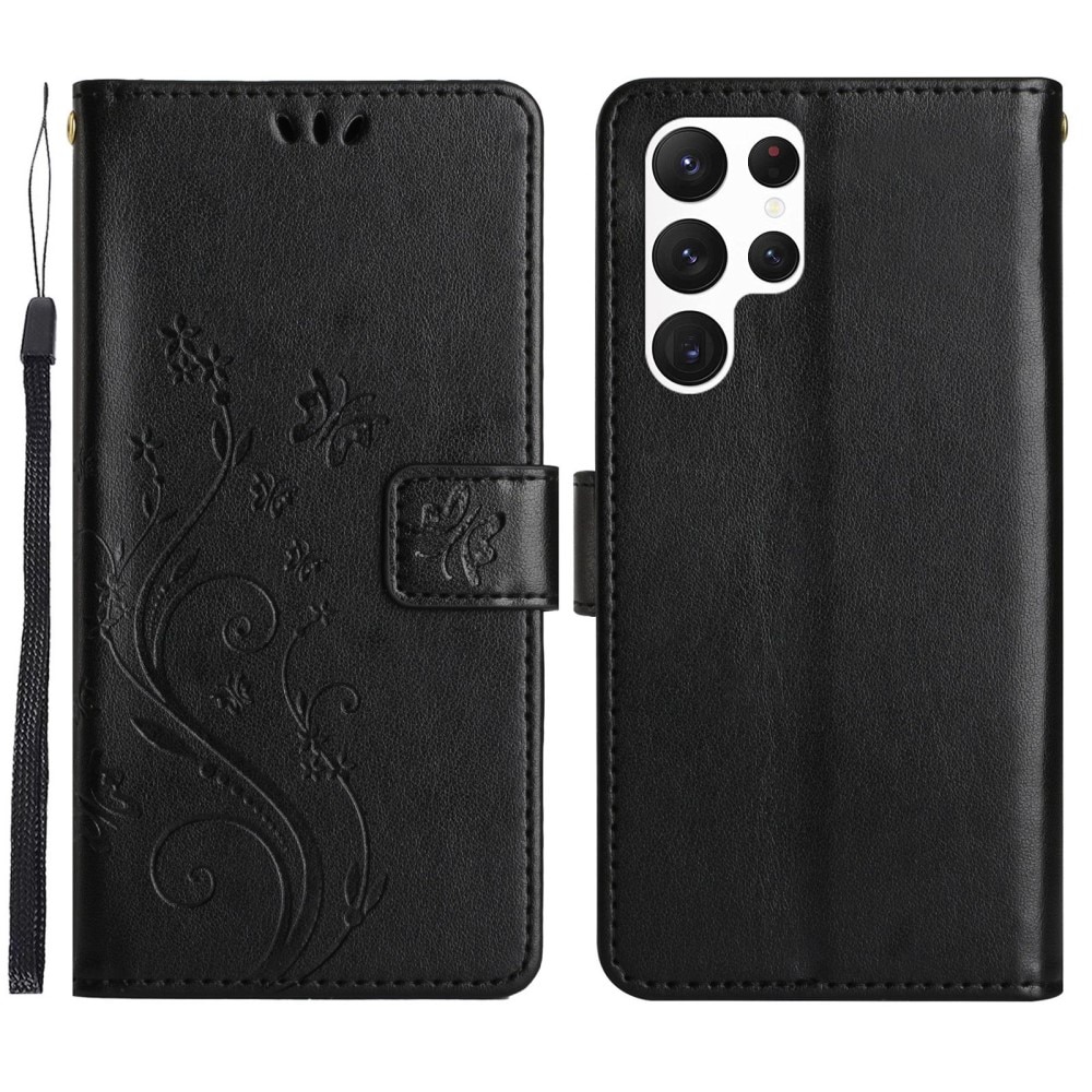 Custodia in pelle a farfalle per Samsung Galaxy S23 Ultra, Nero