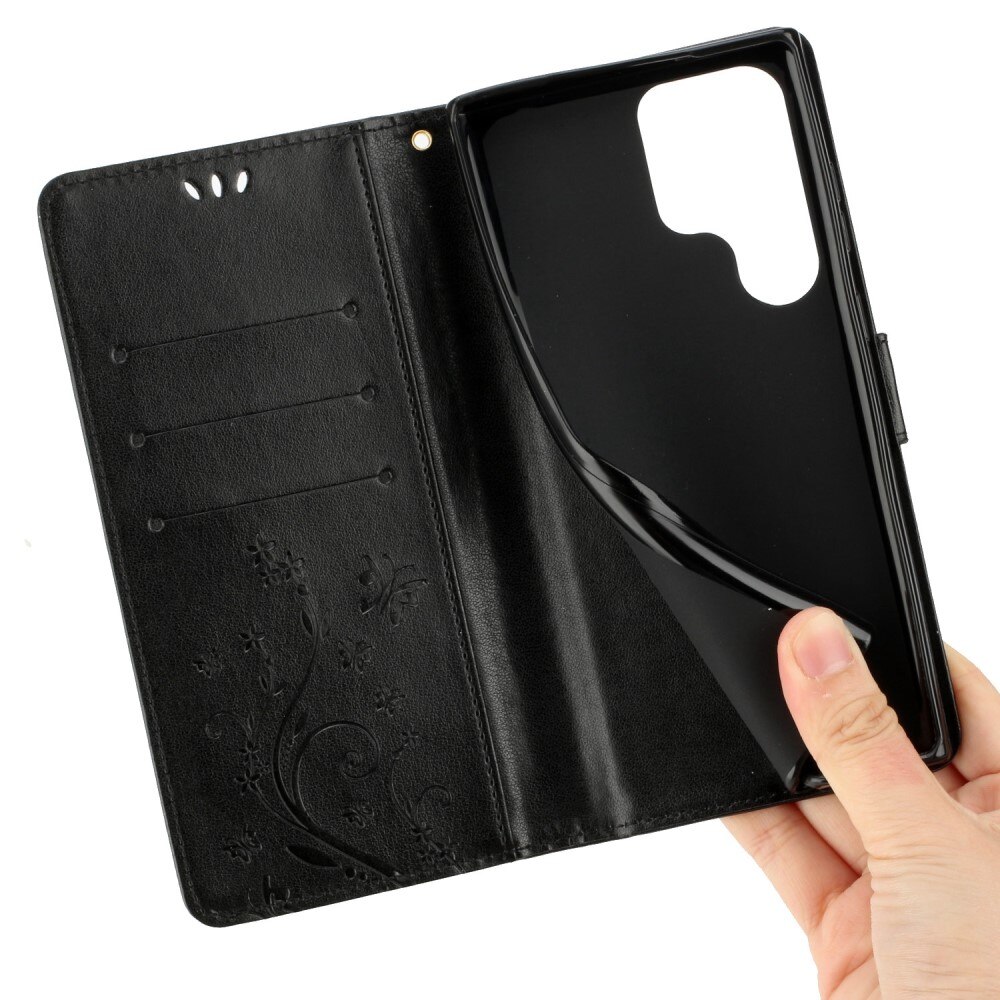 Custodia in pelle a farfalle per Samsung Galaxy S23 Ultra, Nero