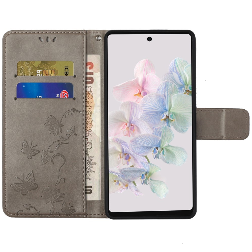Custodia in pelle a farfalle per Google Pixel 7a, Grigio