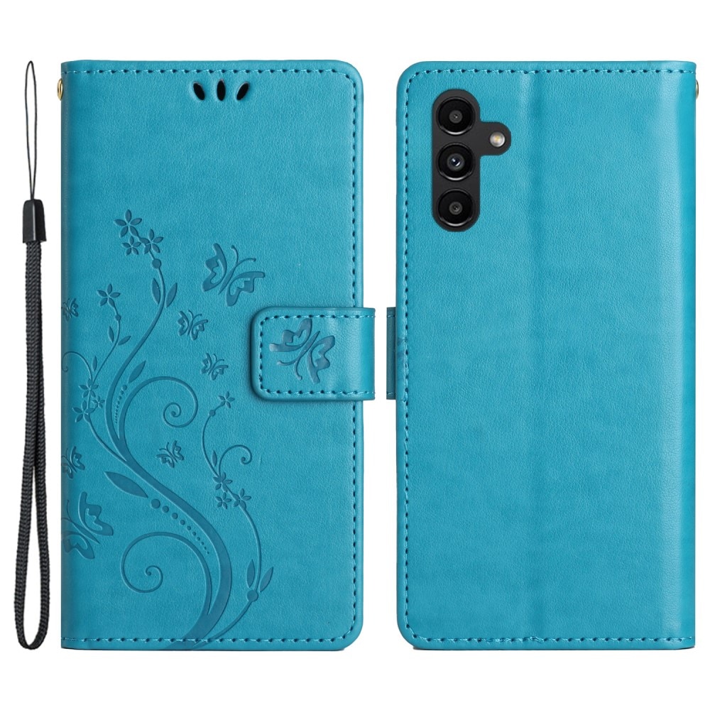 Custodia in pelle a farfalle per Samsung Galaxy A54, blu