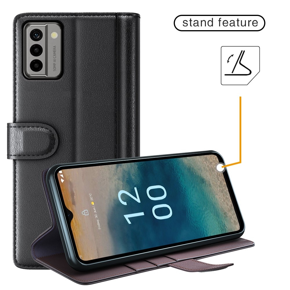 Custodia a portafoglio in vera pelle Nokia G22, nero