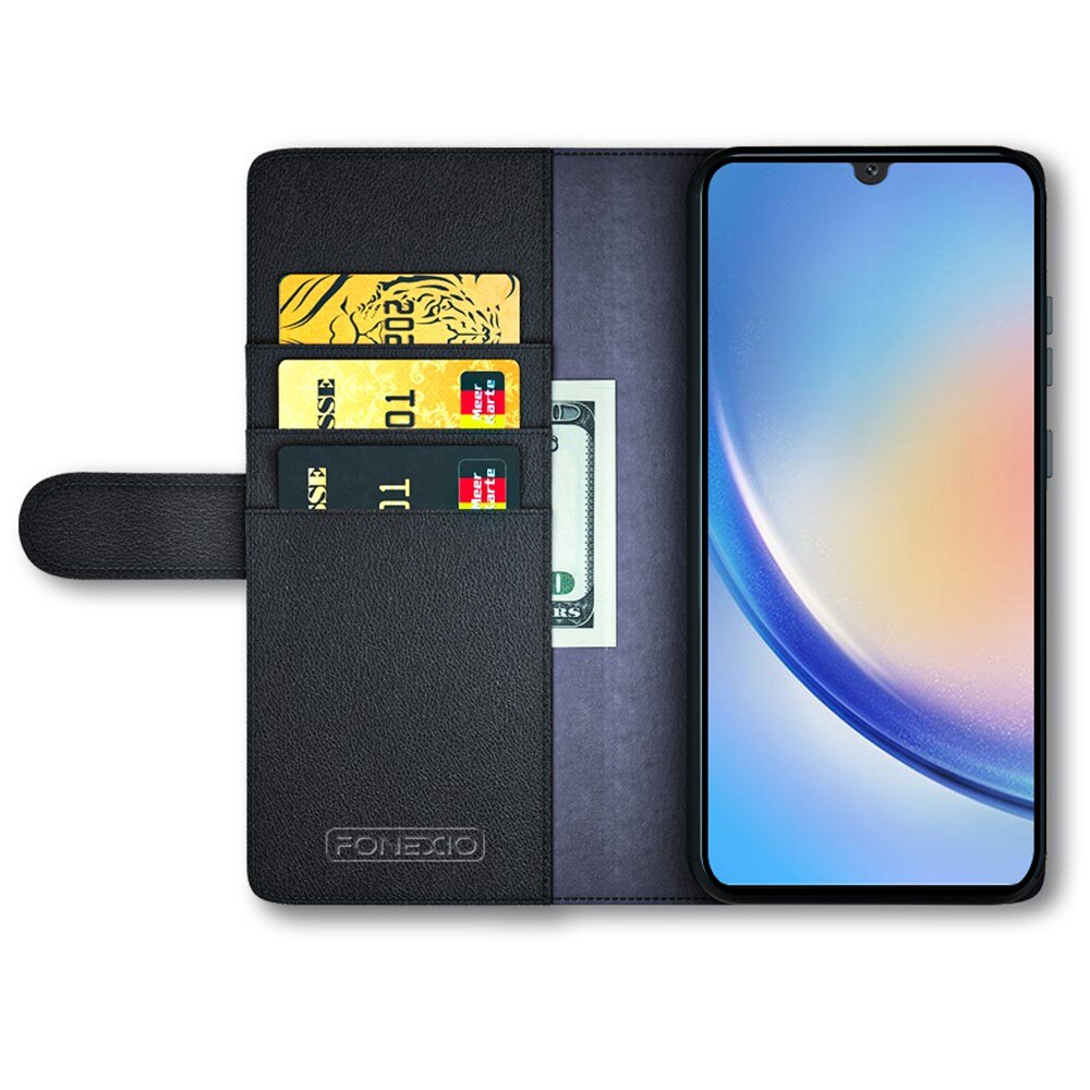 Custodia a portafoglio in vera pelle Samsung Galaxy A24, nero