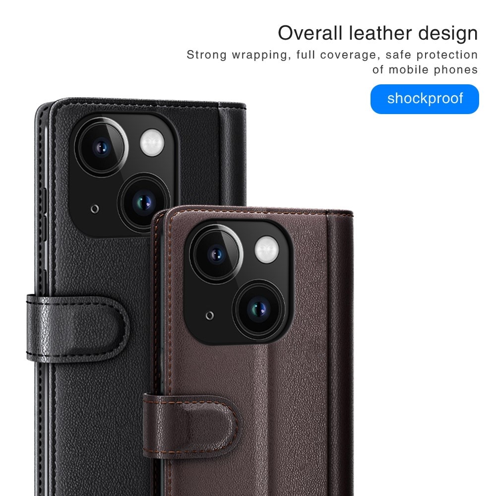 Custodia a portafoglio in vera pelle iPhone 15 Plus, marrone