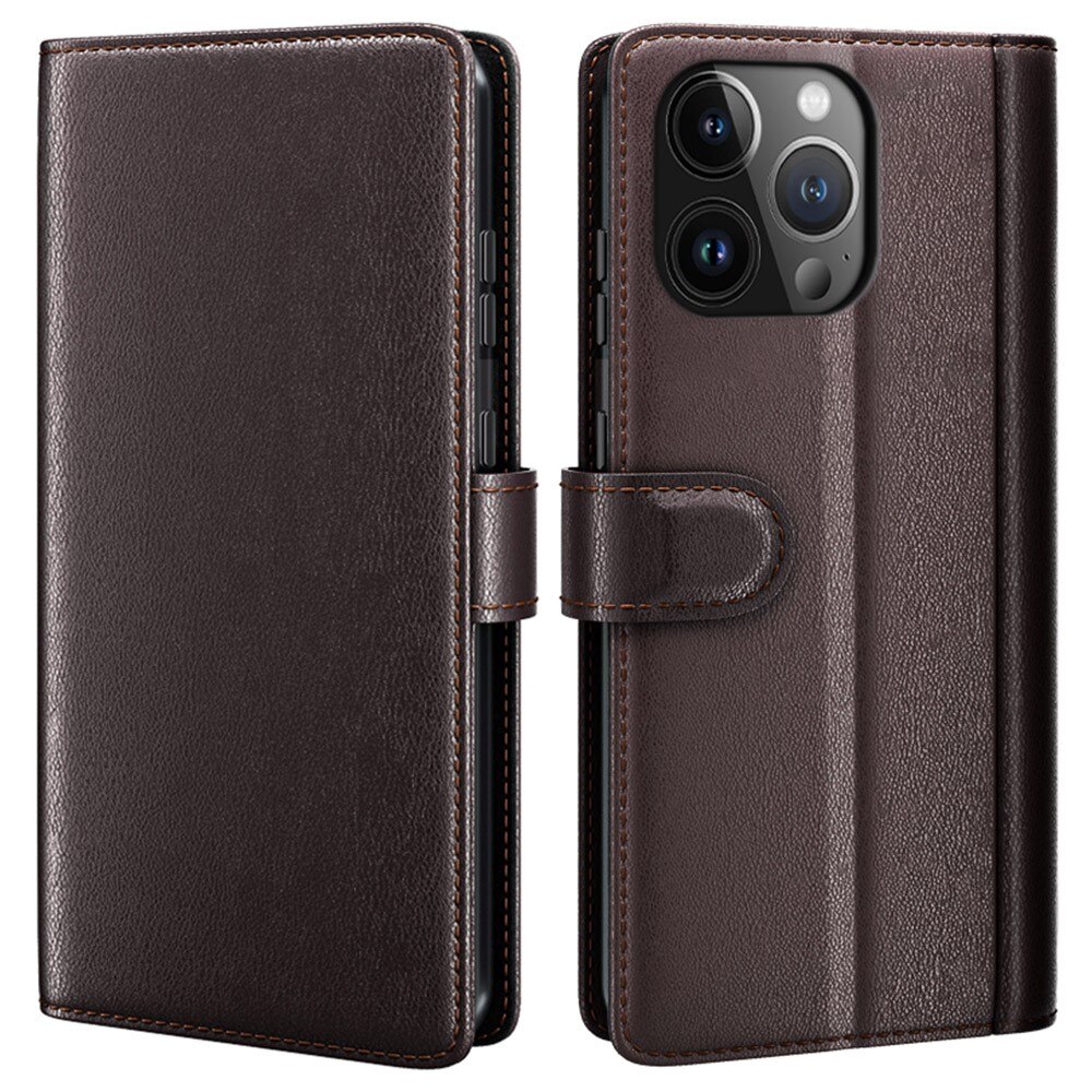 Custodia a portafoglio in vera pelle iPhone 15 Pro, Marrone