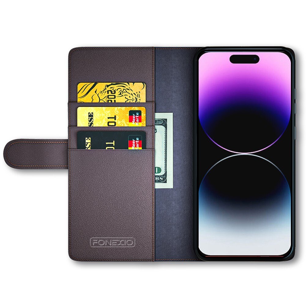 Custodia a portafoglio in vera pelle iPhone 15 Pro, Marrone