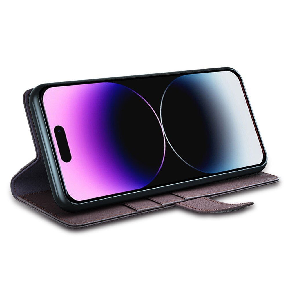 Custodia a portafoglio in vera pelle iPhone 15 Pro, Marrone