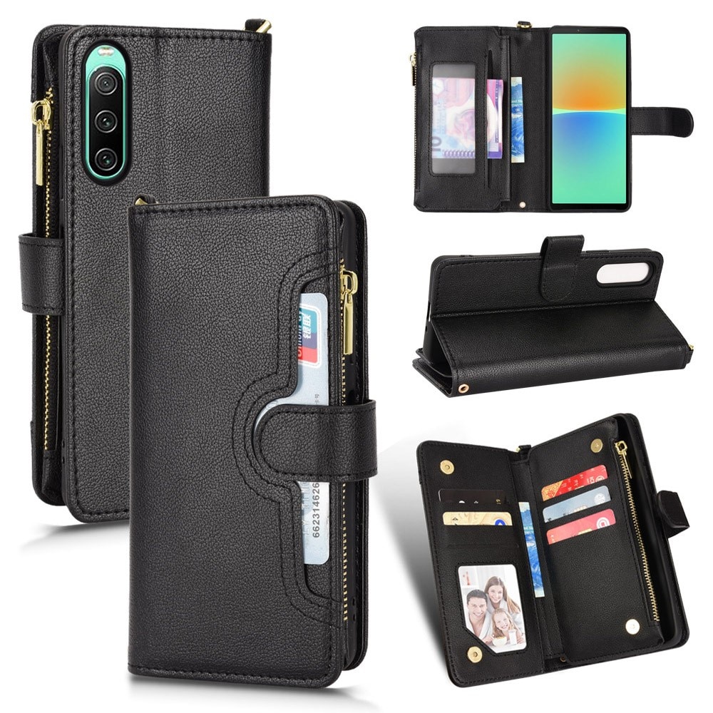 Zipper Multi-Slot Cover Portafoglio in pelle Sony Xperia 10 V, nero