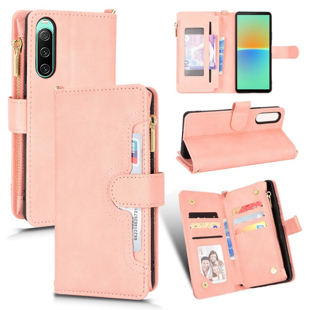 Zipper Multi-Slot Cover Portafoglio in pelle Sony Xperia 10 V, rosa