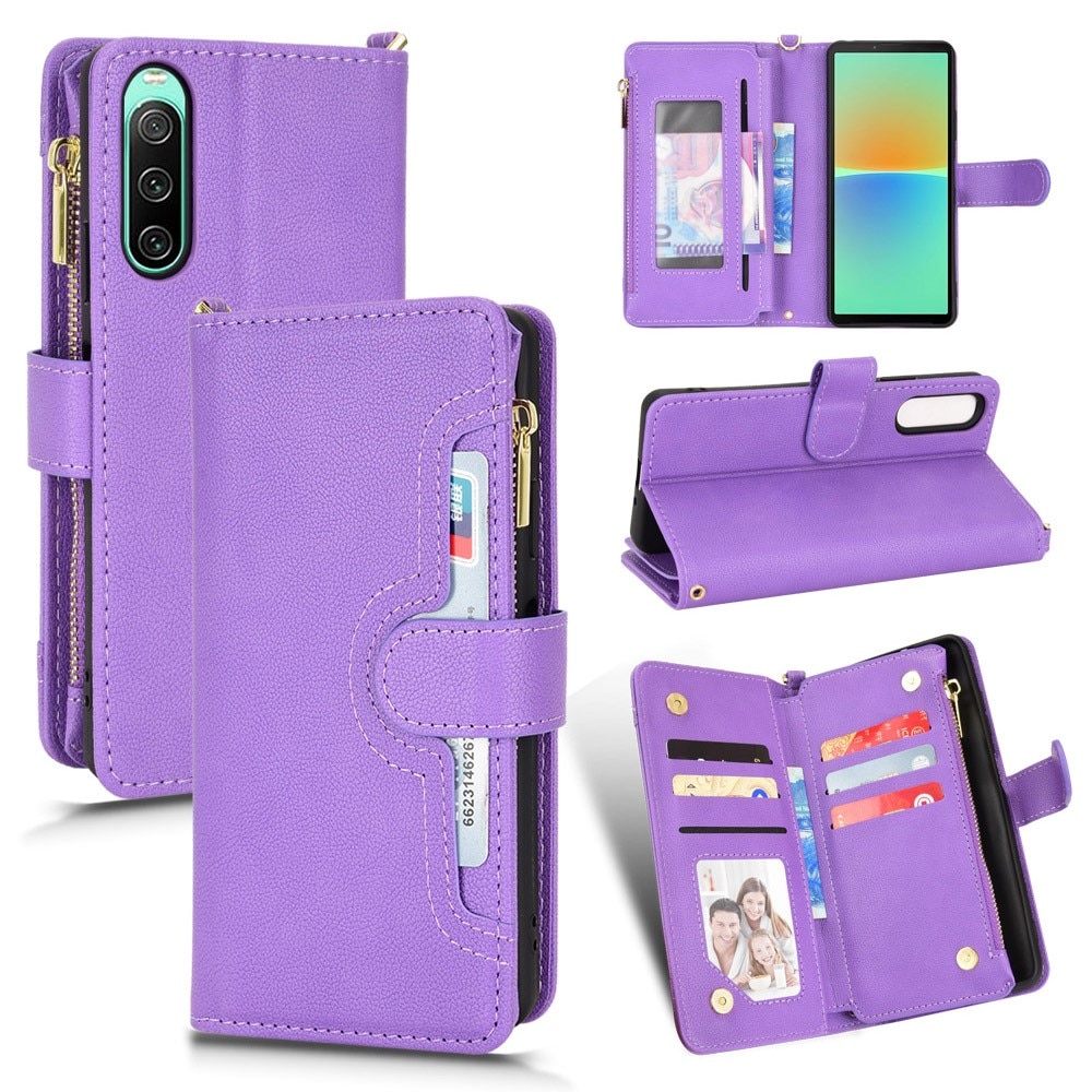 Zipper Multi-Slot Cover Portafoglio in pelle Sony Xperia 10 V, viola