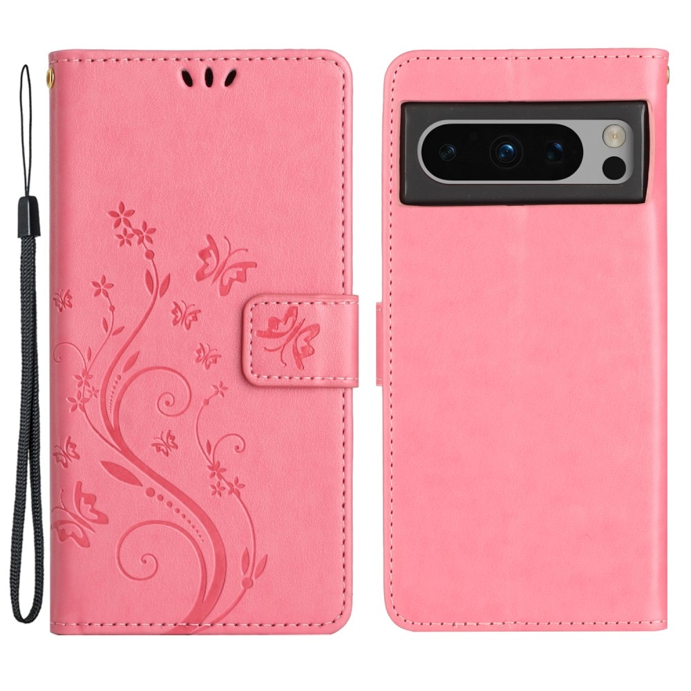 Custodia in pelle a farfalle per Google Pixel 8 Pro, Rosa