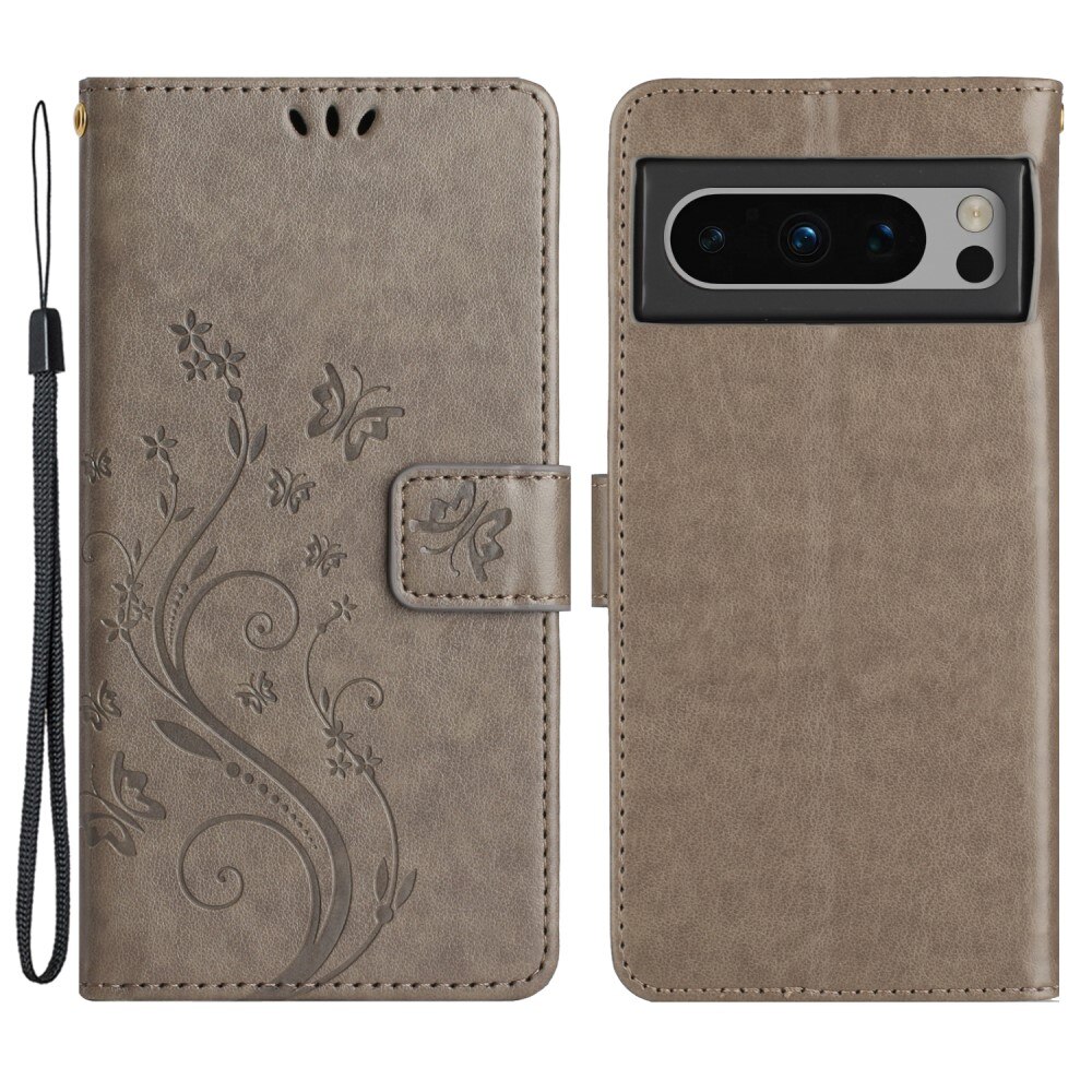 Custodia in pelle a farfalle per Google Pixel 8 Pro, Grigio