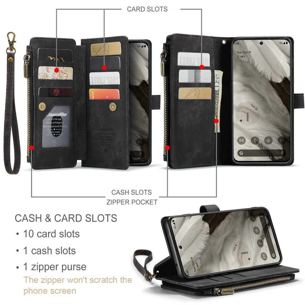 Custodie a portafoglio Zipper Google Pixel 8 Nero