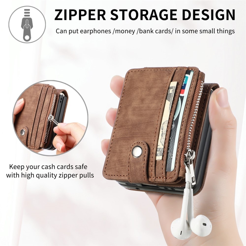 Cover portafoglio Zipper Multi-Slot Samsung Galaxy Z Flip 5, marrone