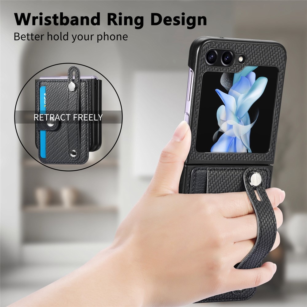 Cover in pelle portacarte + Finger Strap Samsung Galaxy Z Flip 5 nero
