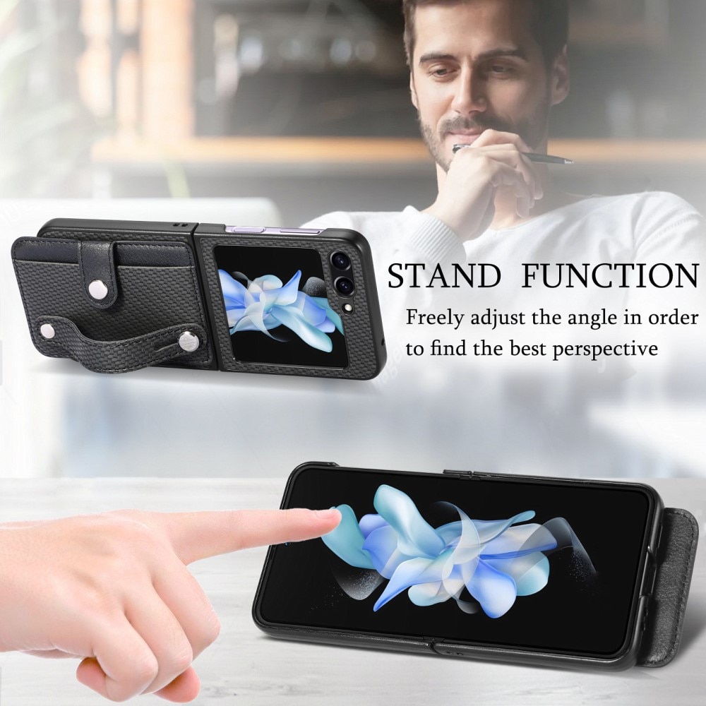 Cover in pelle portacarte + Finger Strap Samsung Galaxy Z Flip 5 nero