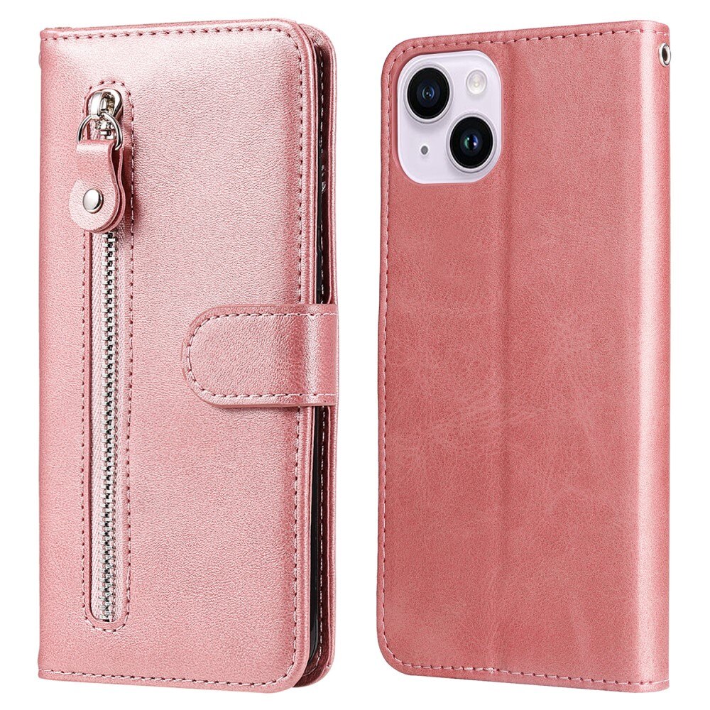 Custodia in pelle Zipper iPhone 15 rosa