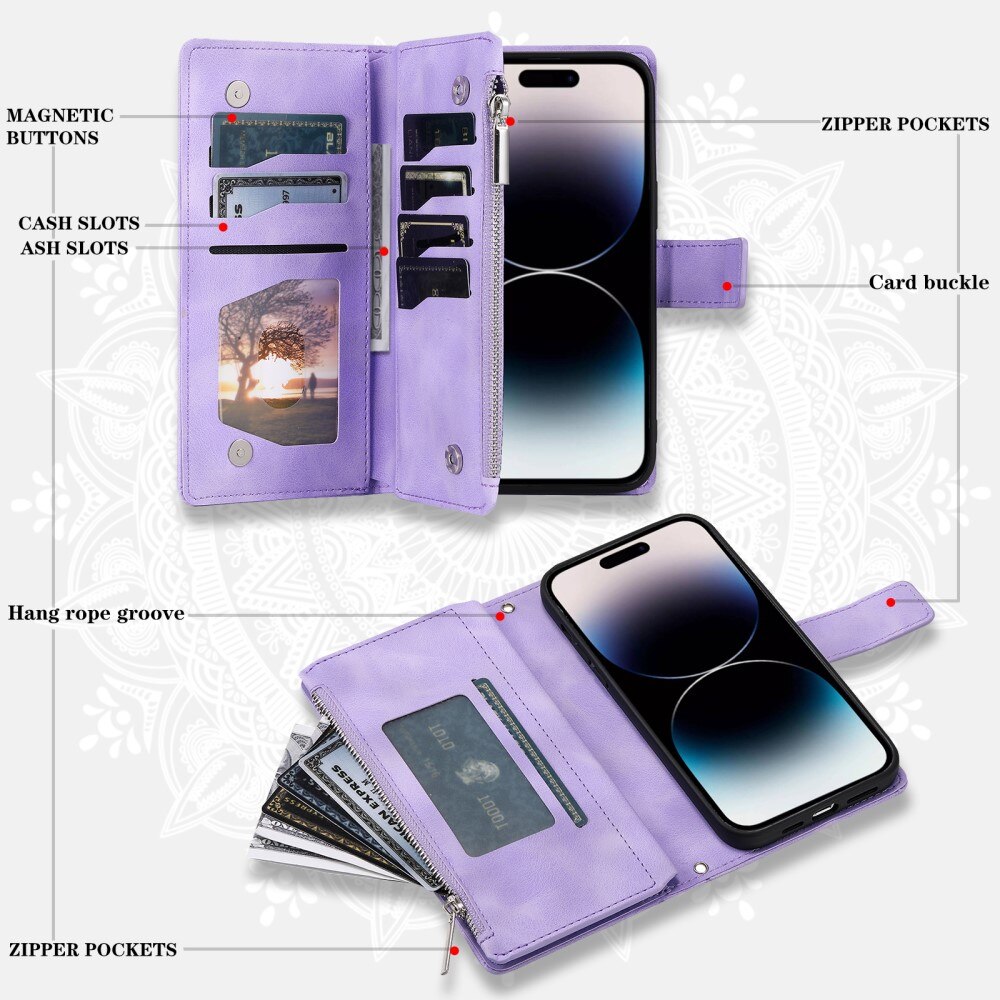 Borsa a portafoglio Mandala iPhone 15 Pro, viola