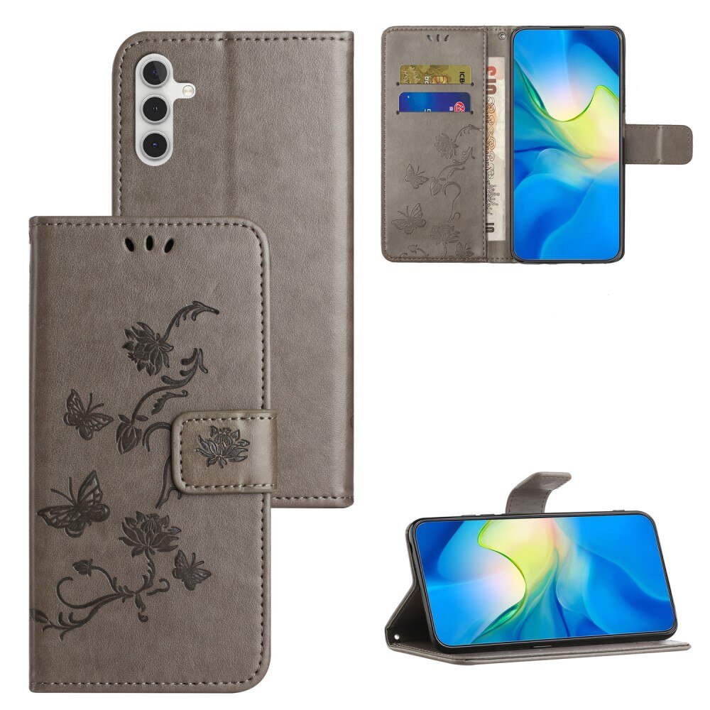 Custodia in pelle a farfalle per Samsung Galaxy S23 FE, grigio