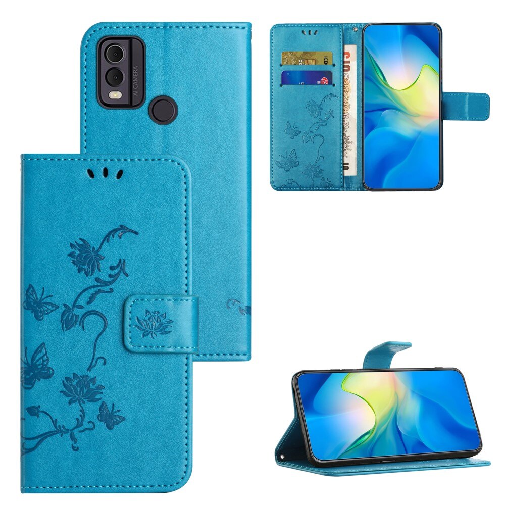 Custodia in pelle a farfalle per Nokia C32, blu