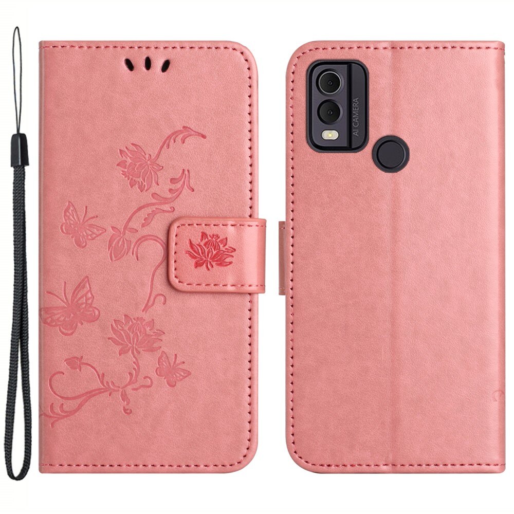Custodia in pelle a farfalle per  Nokia C32, Rosa