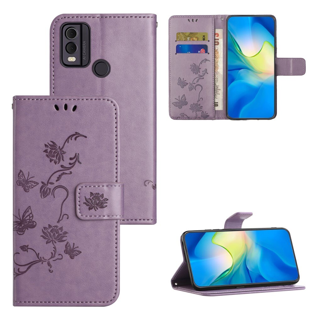 Custodia in pelle a farfalle per Nokia C32, viola