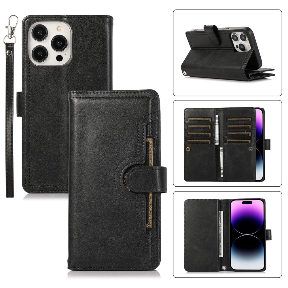 Zipper Multi-Slot Cover Portafoglio in pelle iPhone 15 Pro Max nero