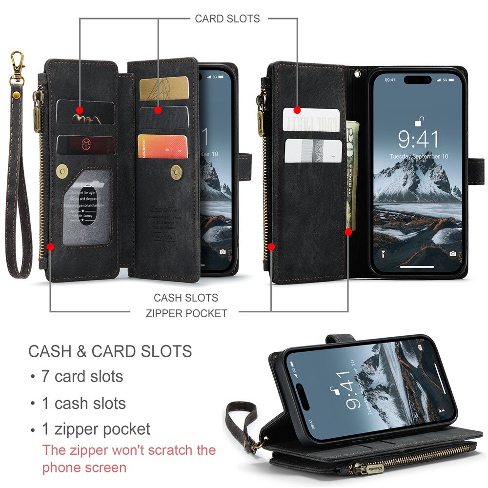 Custodie a portafoglio Zipper iPhone 15 Pro Max nero