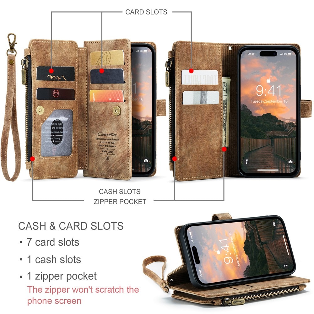 Custodie a portafoglio Zipper iPhone 15 Pro Max marrone
