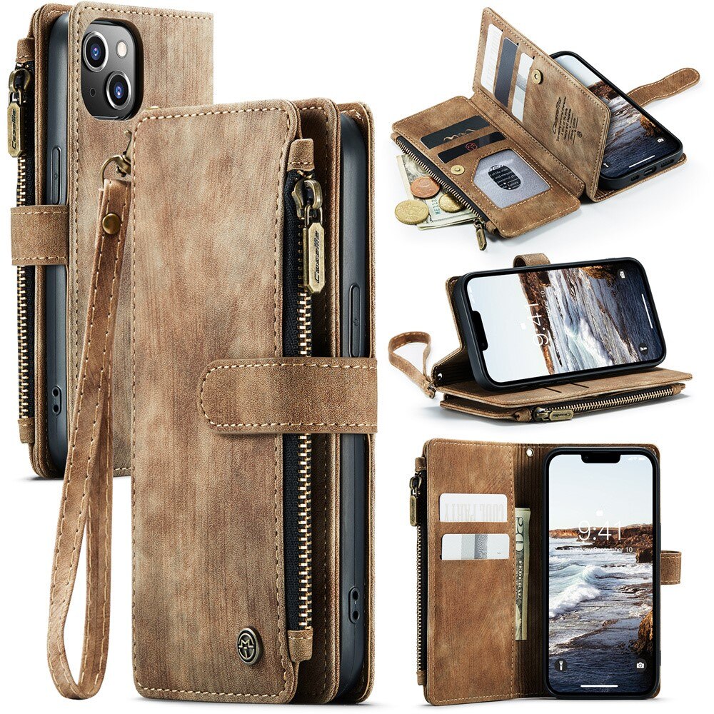 Custodie a portafoglio Zipper Apple iPhone 15 Plus Marrone