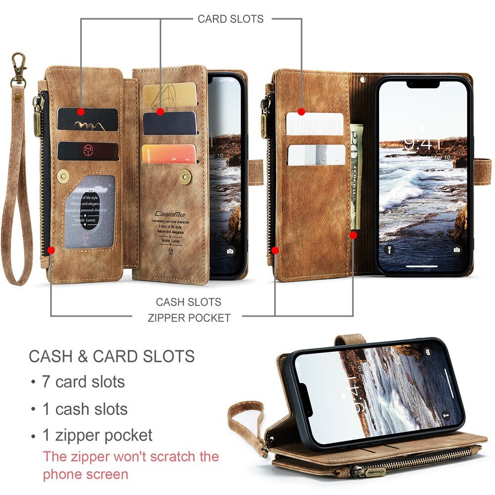 Custodie a portafoglio Zipper Apple iPhone 15 Plus Marrone