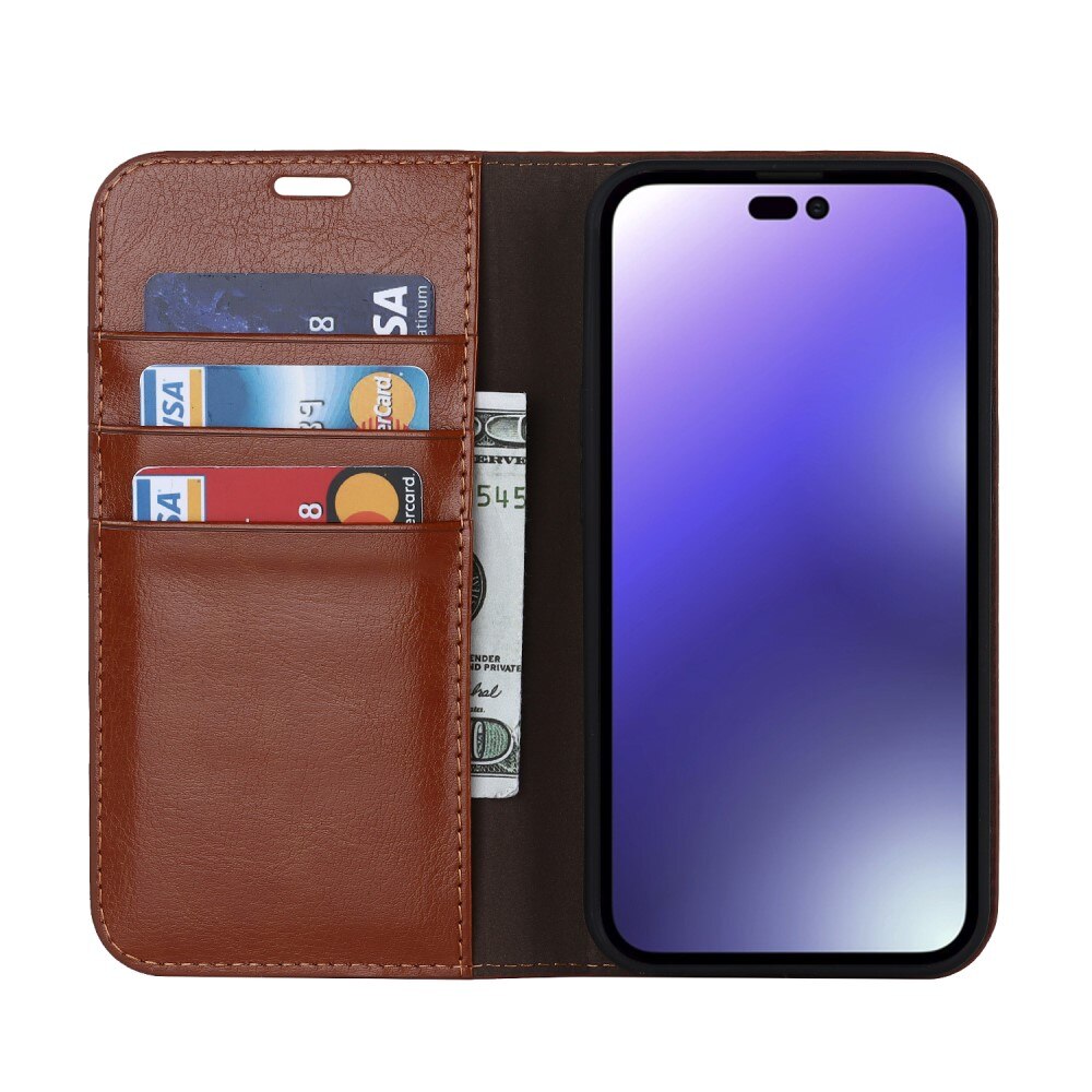 Cover Portafoglio in vera pelle iPhone 15 Pro Marrone