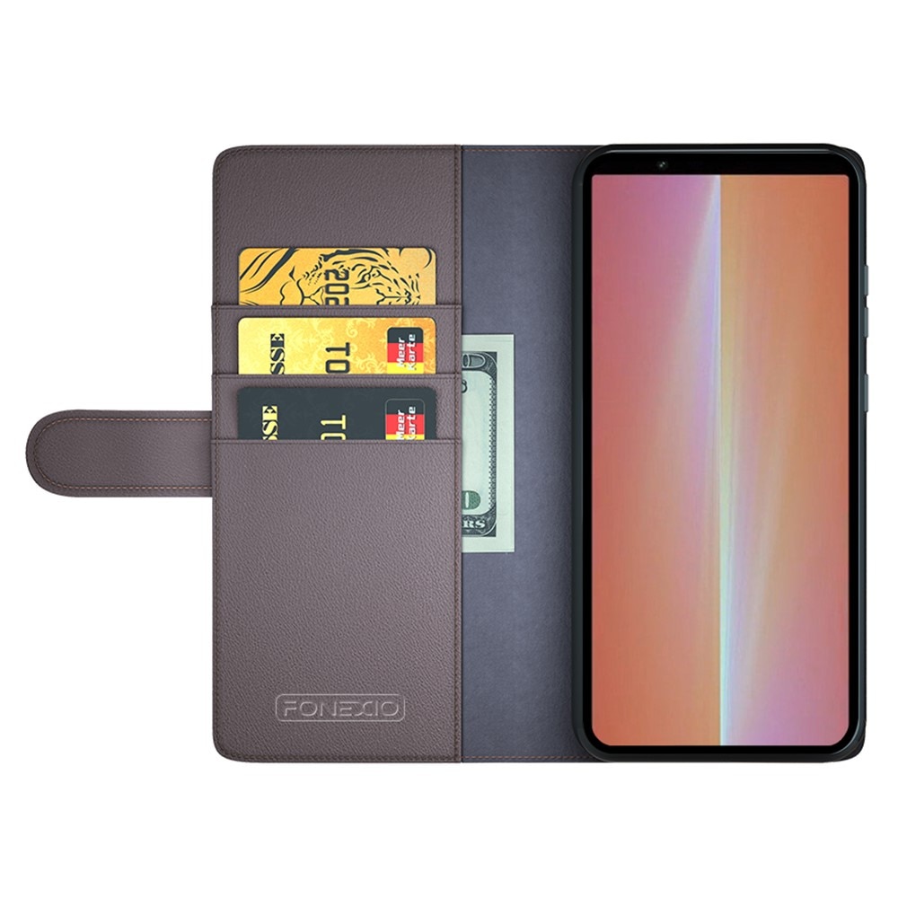 Custodia a portafoglio in vera pelle Sony Xperia 5 V, Marrone