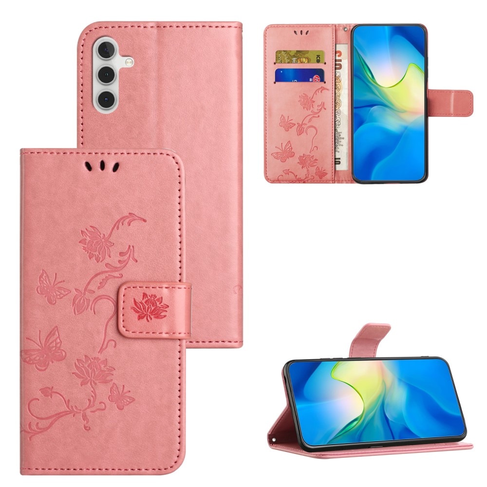Custodia in pelle a farfalle per Samsung Galaxy A05s, rosa