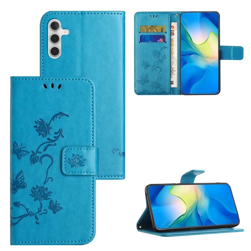 Custodia in pelle a farfalle per Samsung Galaxy A05s, blu