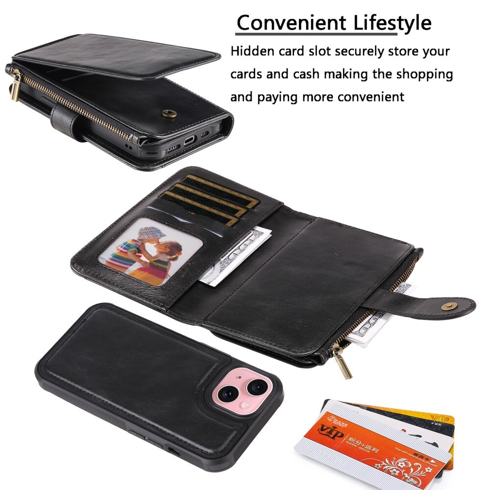 Magnet Leather Multi Wallet iPhone 15 nero