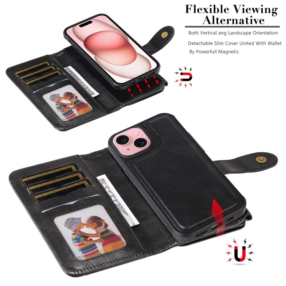 Magnet Leather Multi Wallet iPhone 15 nero