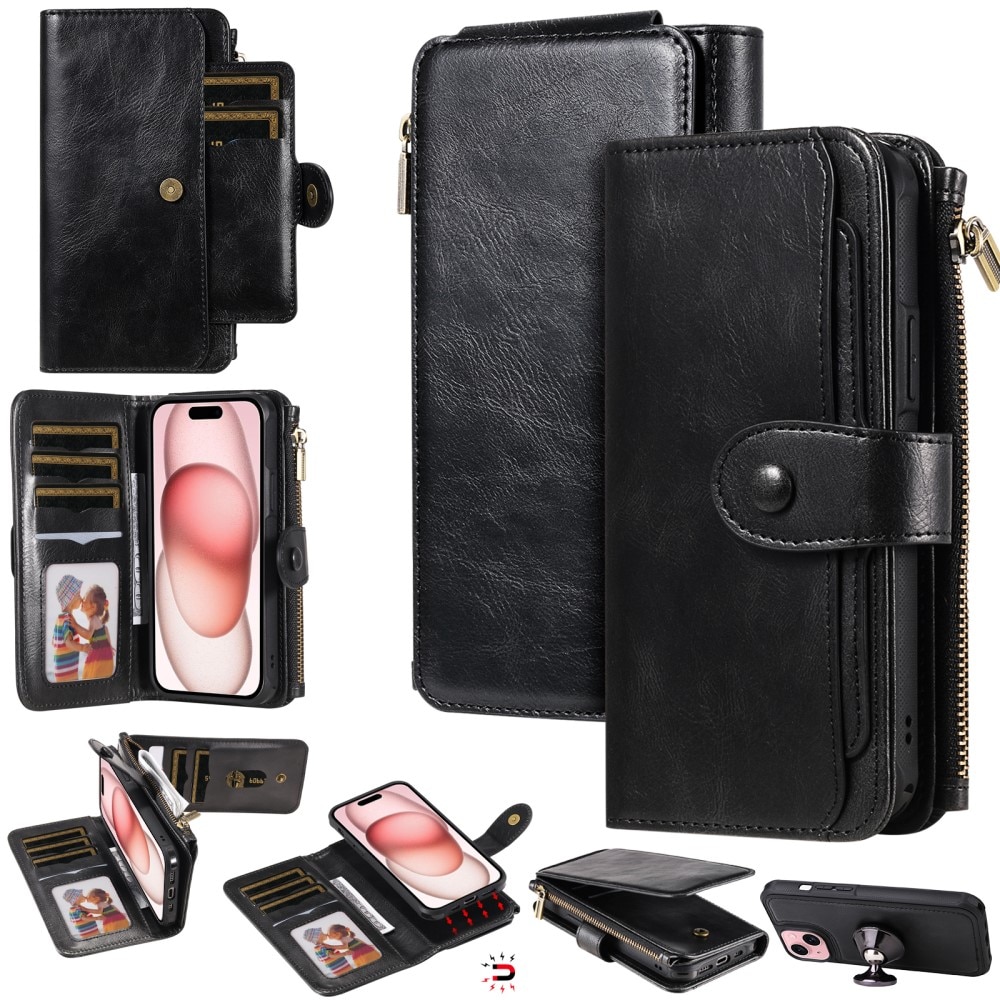 Magnet Leather Multi Wallet iPhone 15 nero