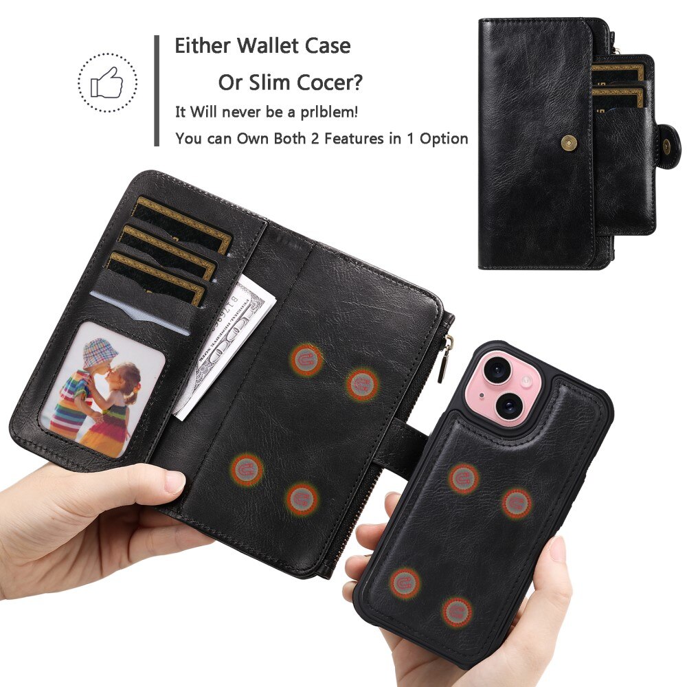 Magnet Leather Multi Wallet iPhone 15 nero