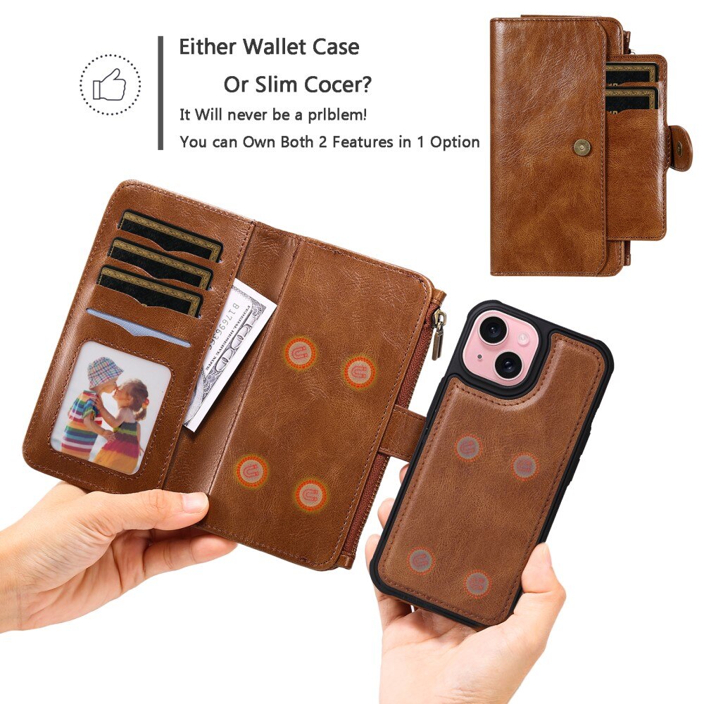 Magnet Leather Multi Wallet iPhone 15 marrone