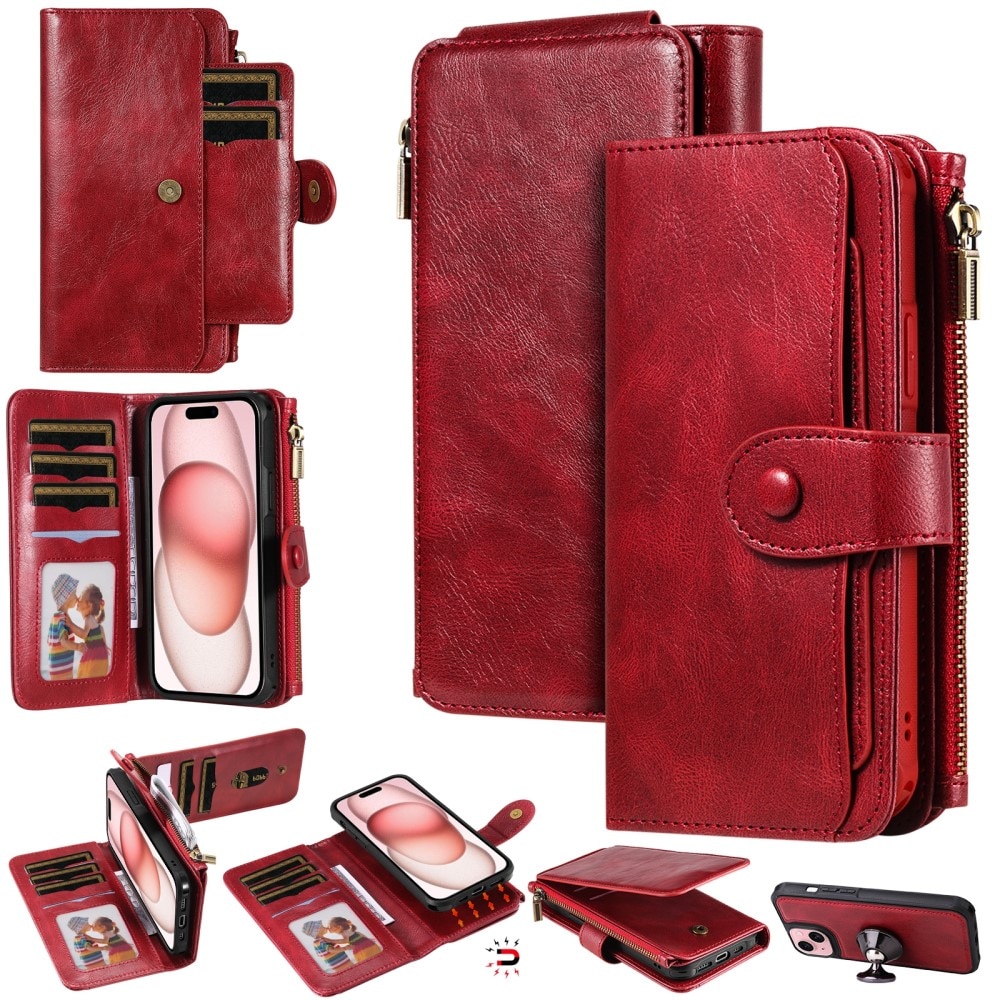 Magnet Leather Multi Wallet iPhone 15 rosso