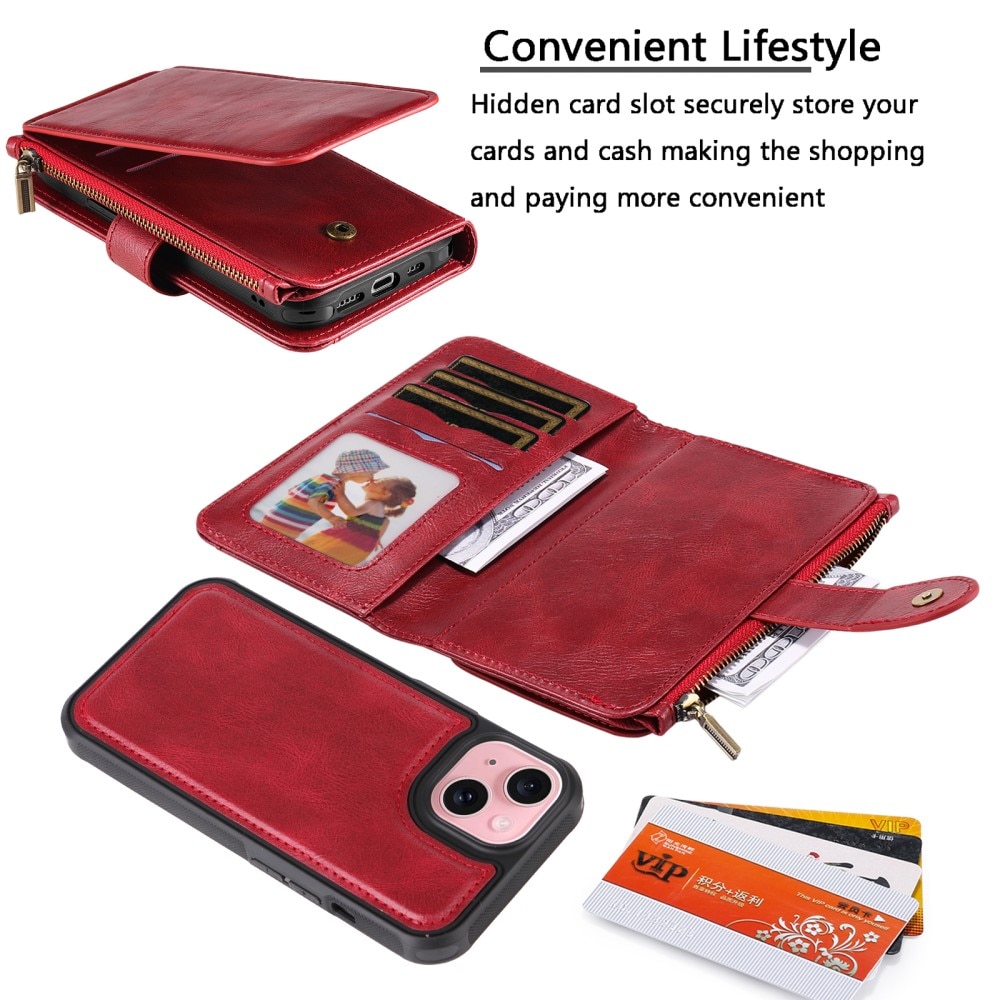 Magnet Leather Multi Wallet iPhone 15 rosso
